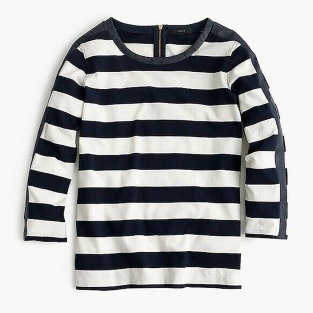 J.Crew Rugby Stripe Back-Zip Leather Detail Top